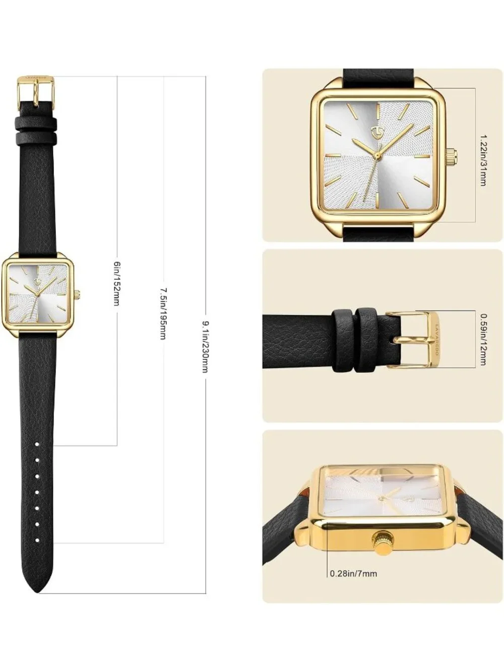 Women's Black White Square Leather Vintage Elegant Waterproof Quartz Wrist Watch